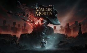 Valor Mortis key art showing William facing a crumbling giant figure beneath the game logo