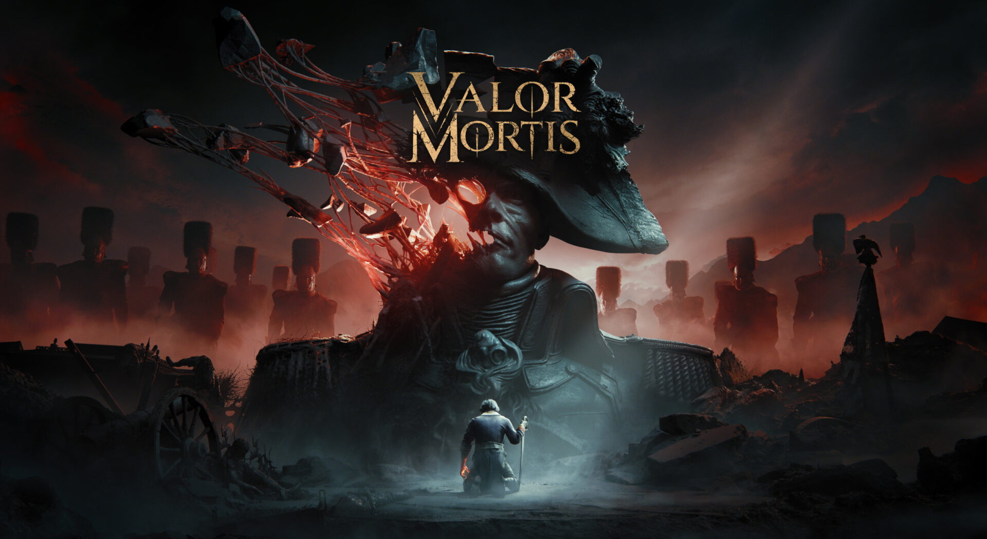 Valor Mortis key art showing William facing a crumbling giant figure beneath the game logo