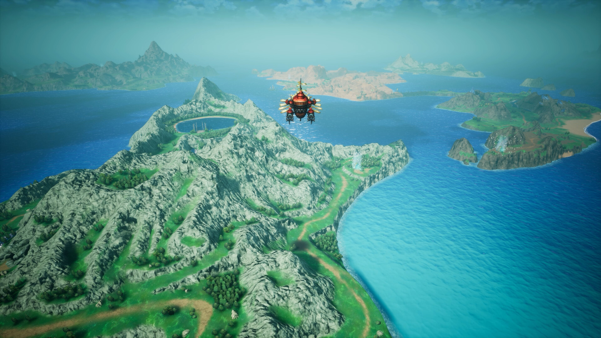 FINAL FANTASY RESONANCE overhead world map with an airship above a mountainous island and open ocean