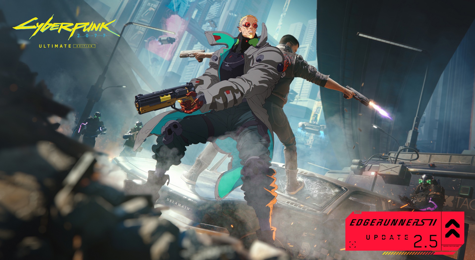 Official Cyberpunk 2077 key art for Edgerunners Update 2.5 showing David Martinez and Maine back-to-back in a Night City firefight