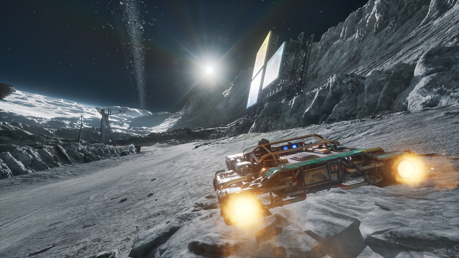 A lone racer crosses a cratered moon surface under a starry sky