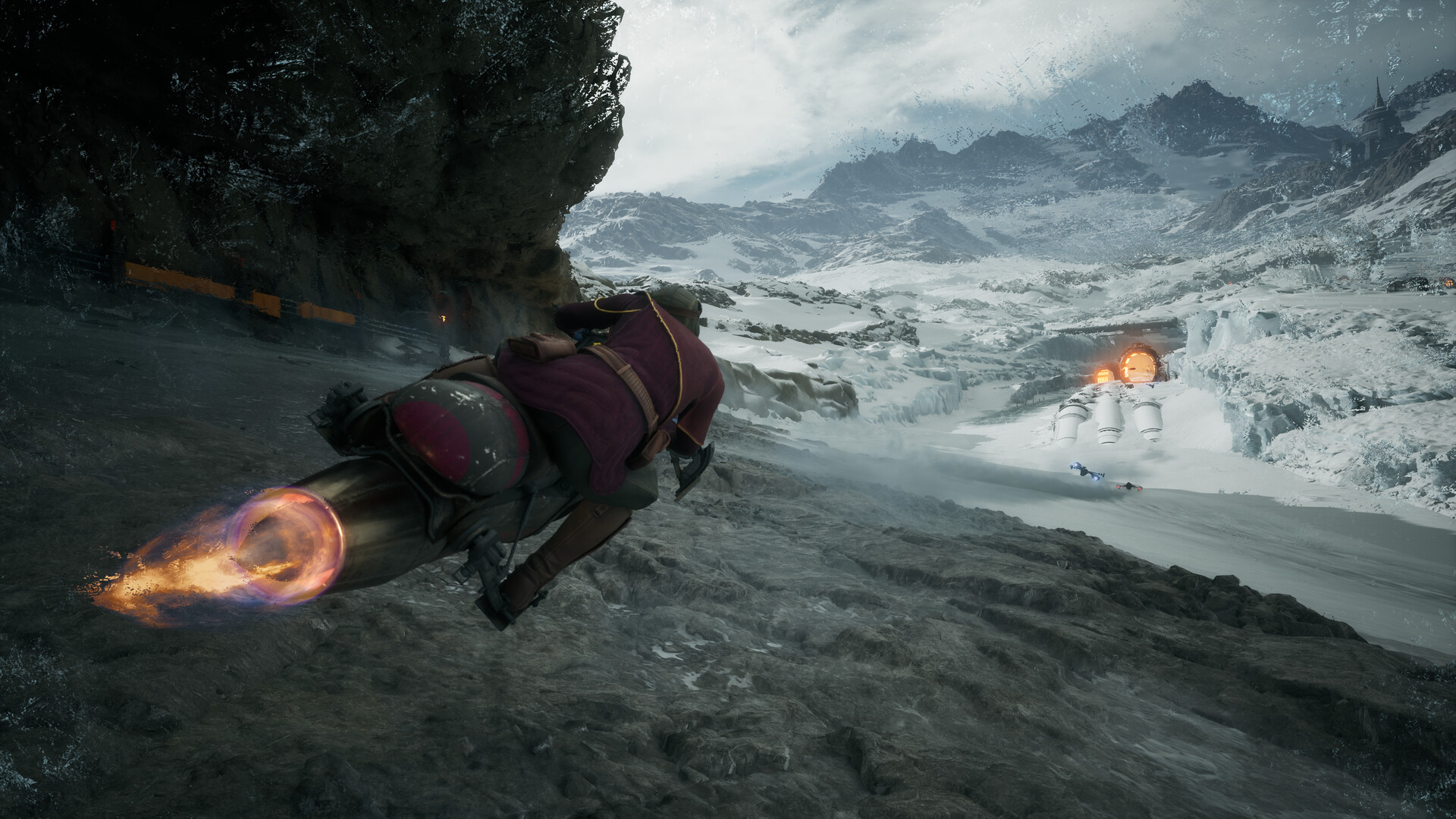 A rocket-bike fires on rivals along a snowy mountain path