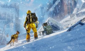 Permafrost key art showing a survivor in a yellow survival suit with their dog overlooking a frozen post-apocalyptic landscape.