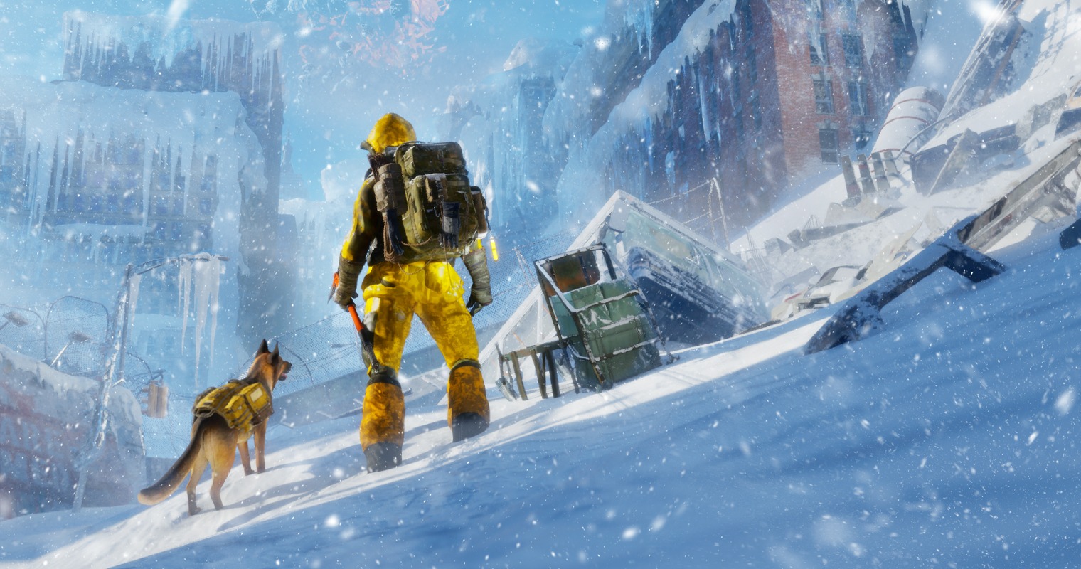 Permafrost key art showing a survivor in a yellow survival suit with their dog overlooking a frozen post-apocalyptic landscape.