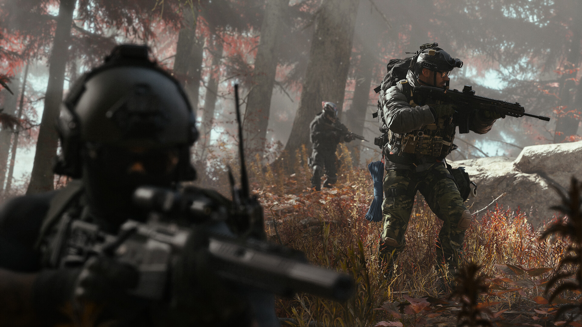 Call of Duty: Modern Warfare 4 squad advancing through a foggy autumn forest during a campaign mission