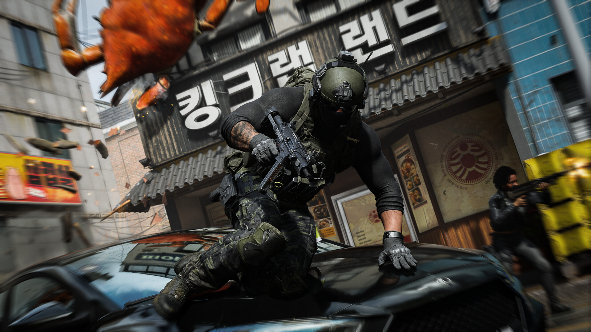 Call of Duty: Modern Warfare 4 soldier vaulting over a car during a street firefight in an Asian city