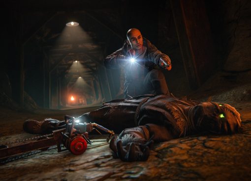 Rust Halloween 2026 key art showing a survivor shining a flashlight on a glowing-eyed scarecrow creature inside a dark underground rift tunnel