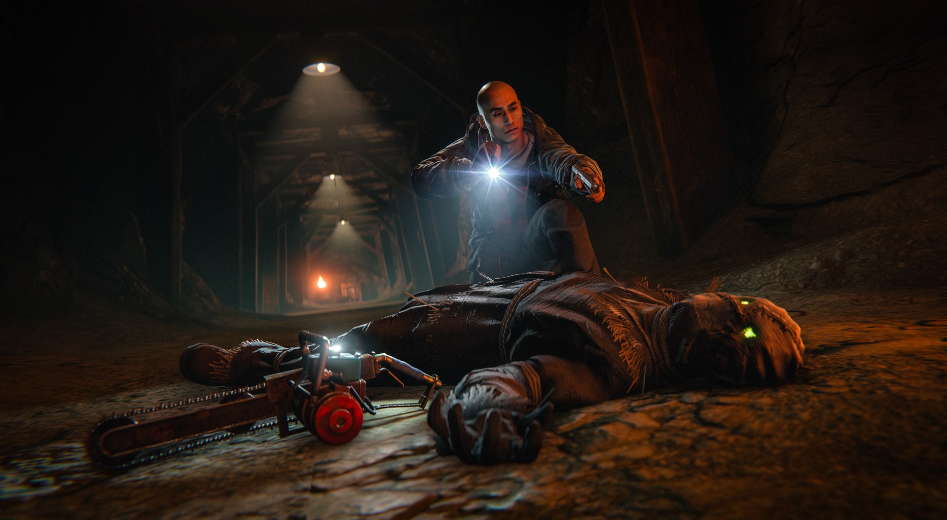 Rust Halloween 2026 key art showing a survivor shining a flashlight on a glowing-eyed scarecrow creature inside a dark underground rift tunnel