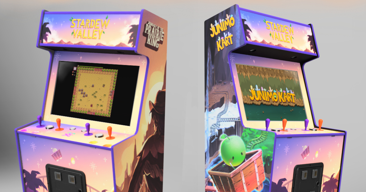 Custom Stardew Valley arcade cabinets for Journey of the Prairie King and Junimo Kart