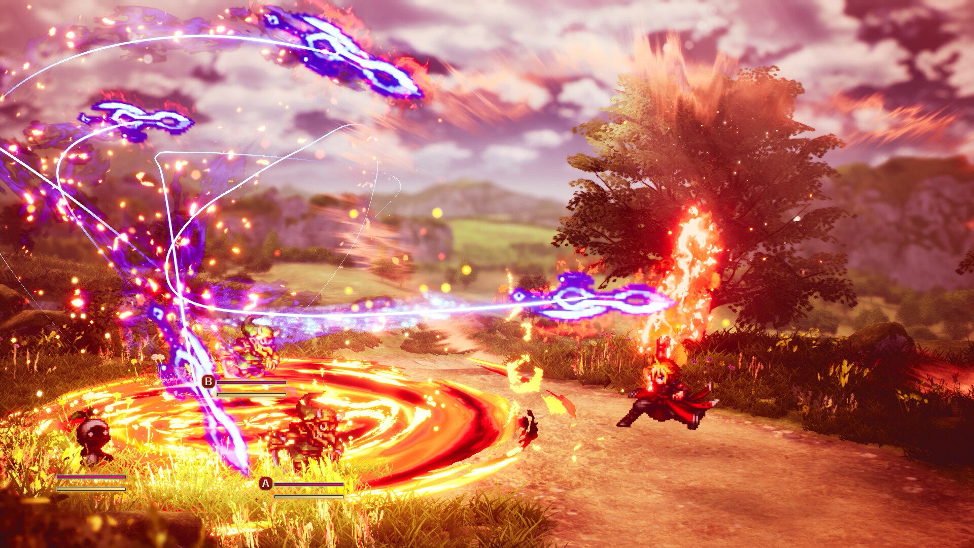 FINAL FANTASY RESONANCE turn-based battle in a grassy field with fire and purple chain magic and unit HP bars