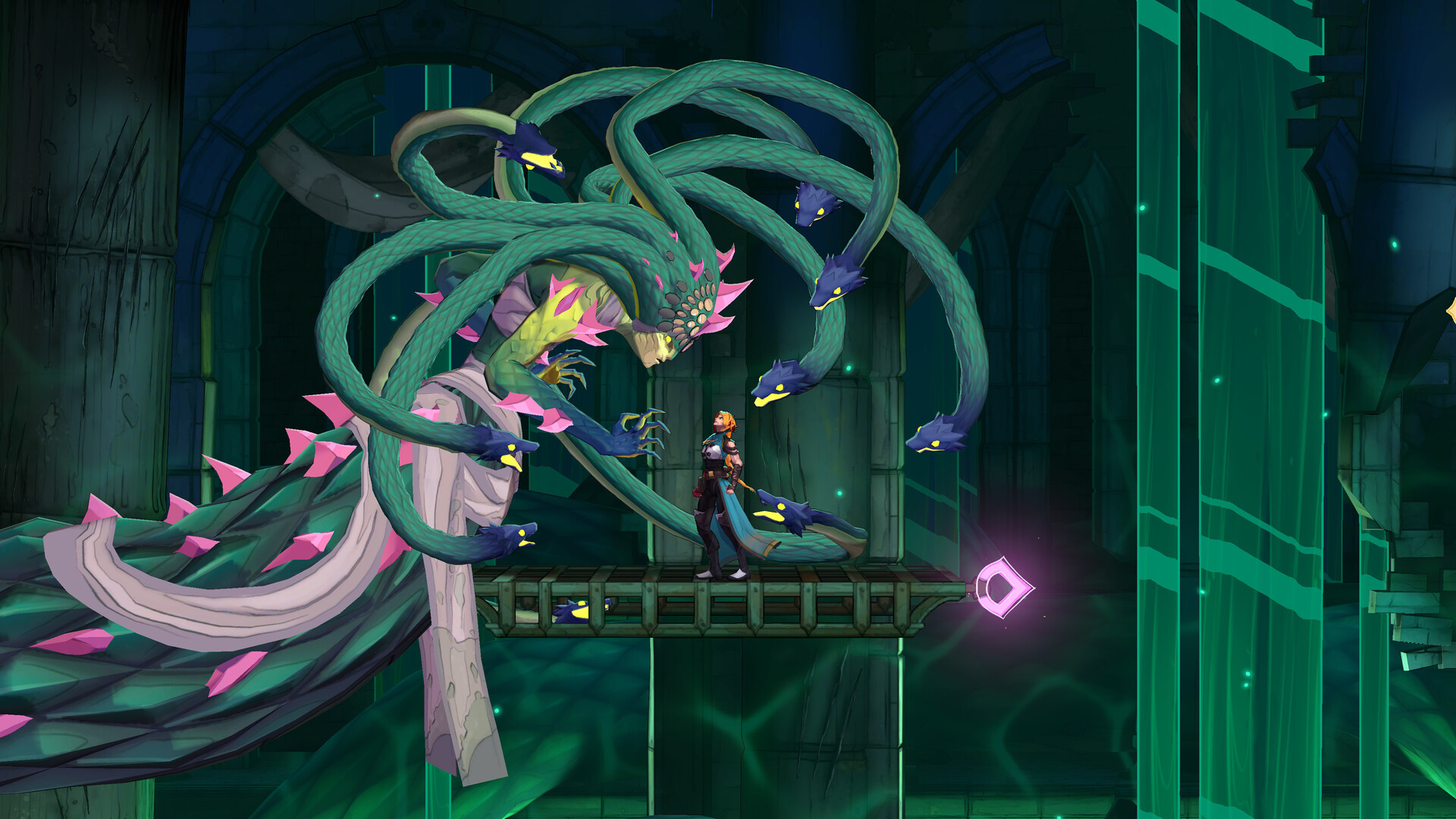 Castlevania: Belmont's Curse boss battle against a multi-headed sea serpent in a green-lit cavern