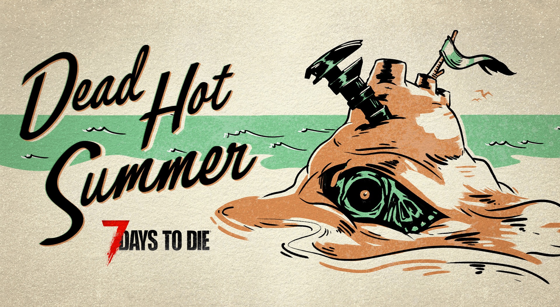 7 Days to Die key art with zombie head island and official game logo