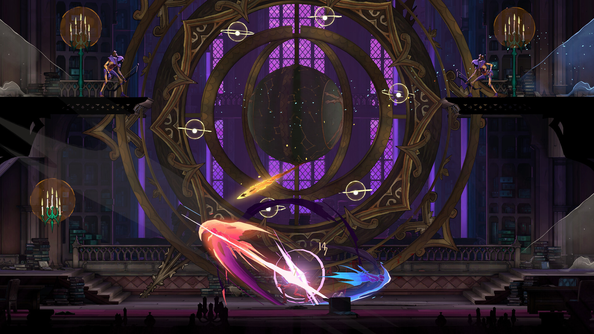 Castlevania: Belmont's Curse library boss room with a giant purple clock and homing projectiles