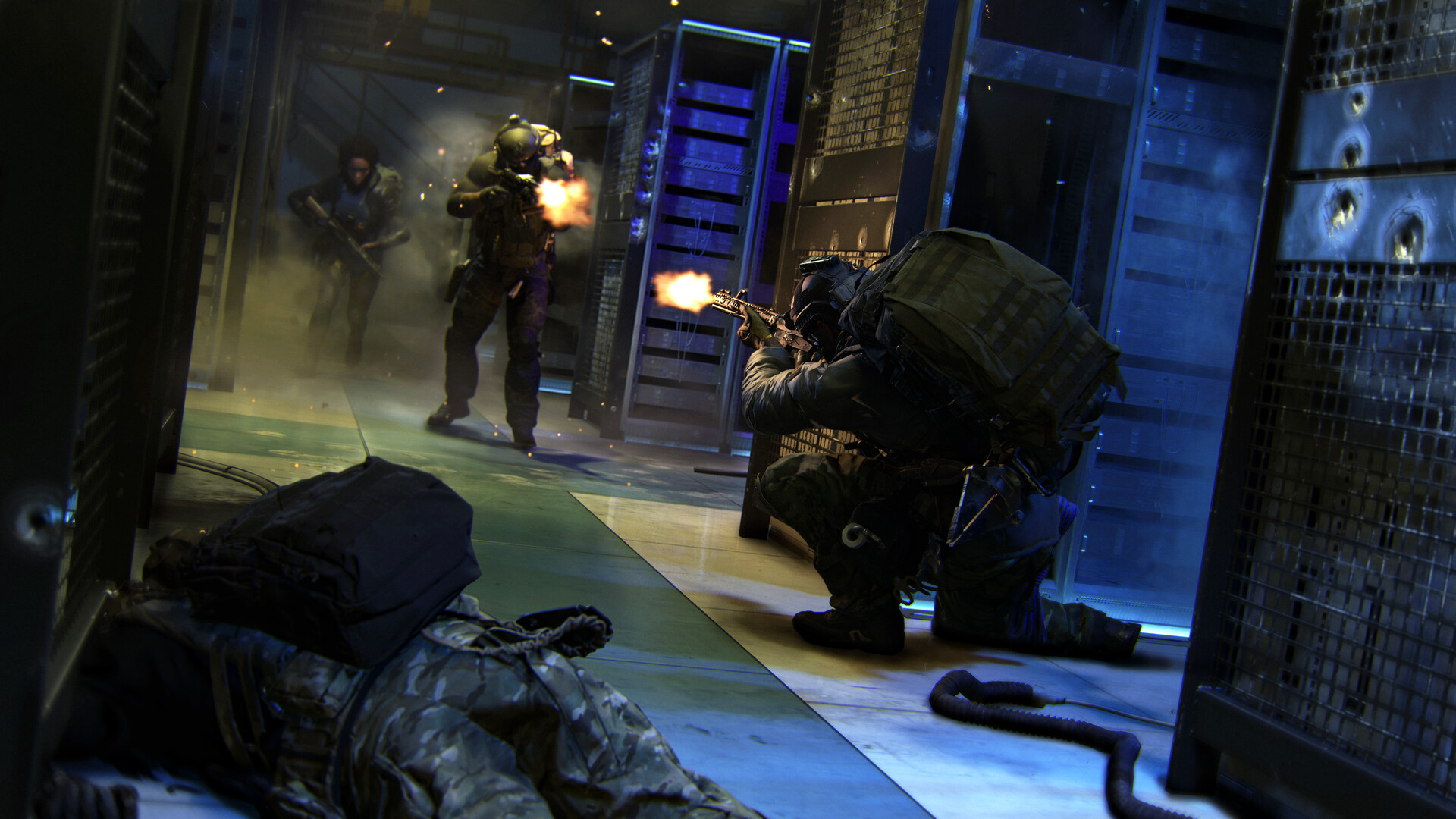 Call of Duty: Modern Warfare 4 operators trading fire in a blue-lit server room