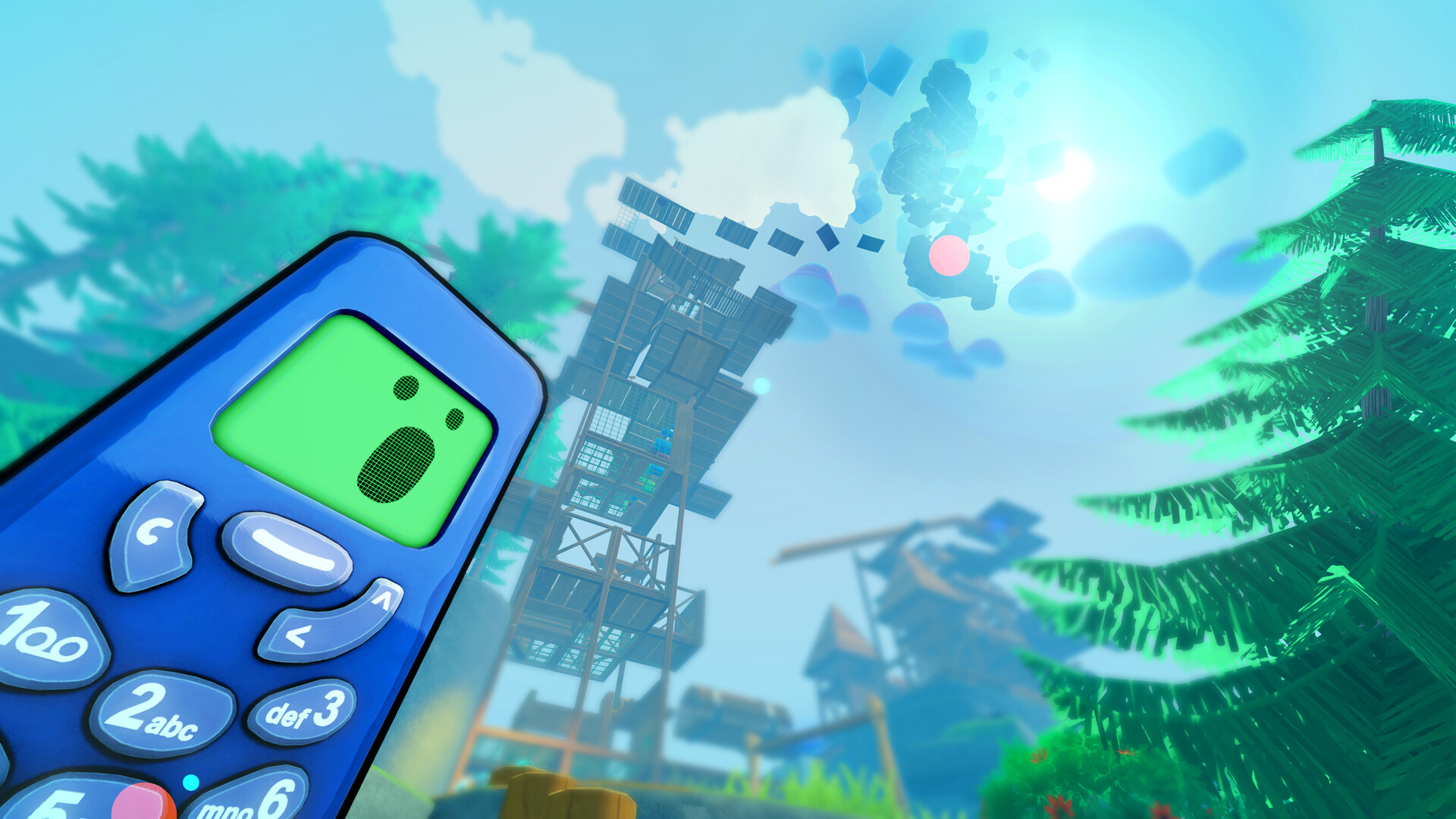 Flipping is Hard — Flippy the phone in a bright low-poly forest looking up at a towering climb
