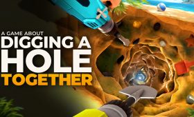 Official key art for A Game About Digging A Hole Together showing players digging through sand and rock with drill and shovel tools
