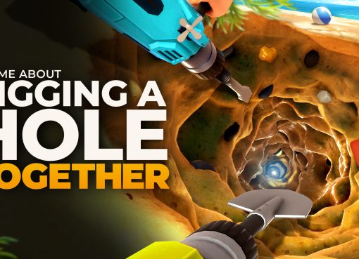Official key art for A Game About Digging A Hole Together showing players digging through sand and rock with drill and shovel tools
