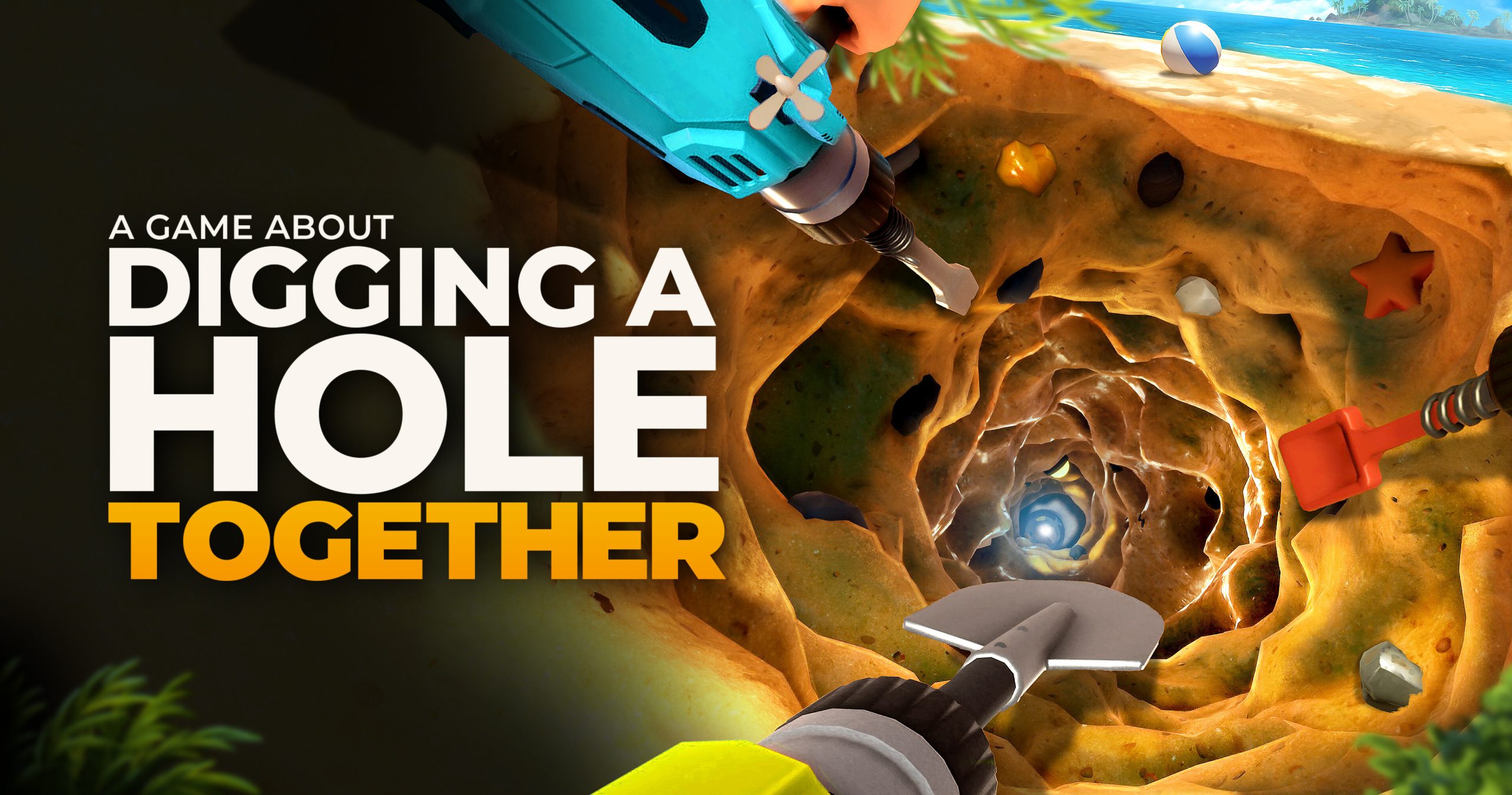 Official key art for A Game About Digging A Hole Together showing players digging through sand and rock with drill and shovel tools
