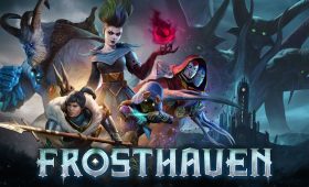 Frosthaven key art with the game's hero classes gathered before an icy fortress and the FROSTHAVEN logo