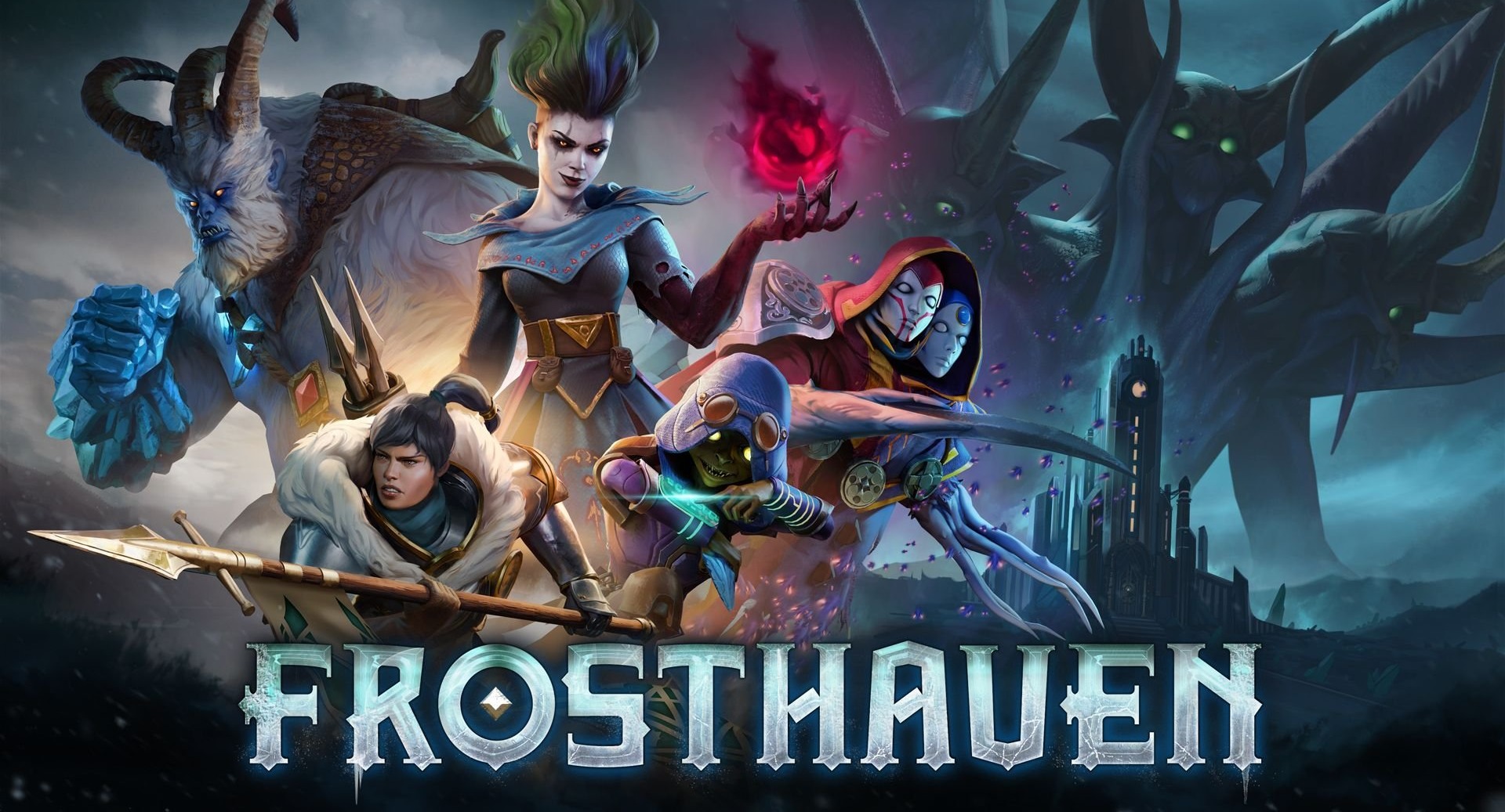 Frosthaven key art with the game's hero classes gathered before an icy fortress and the FROSTHAVEN logo