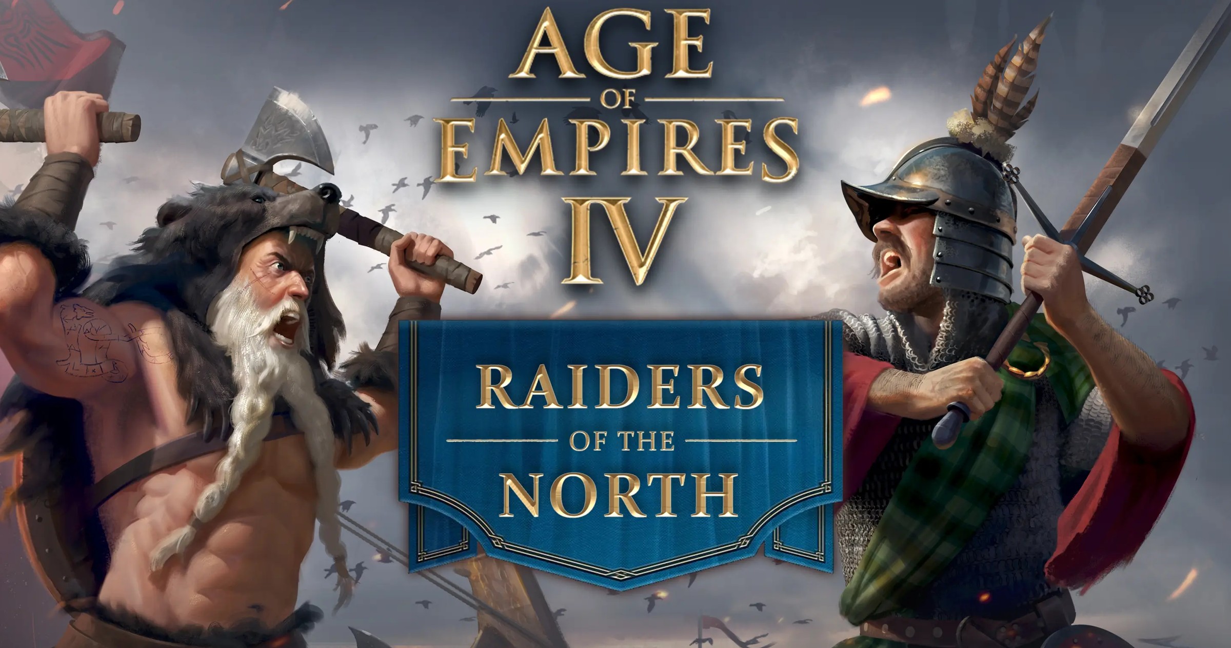 Viking berserker and Scottish warrior flank the Age of Empires IV: Raiders of the North logo