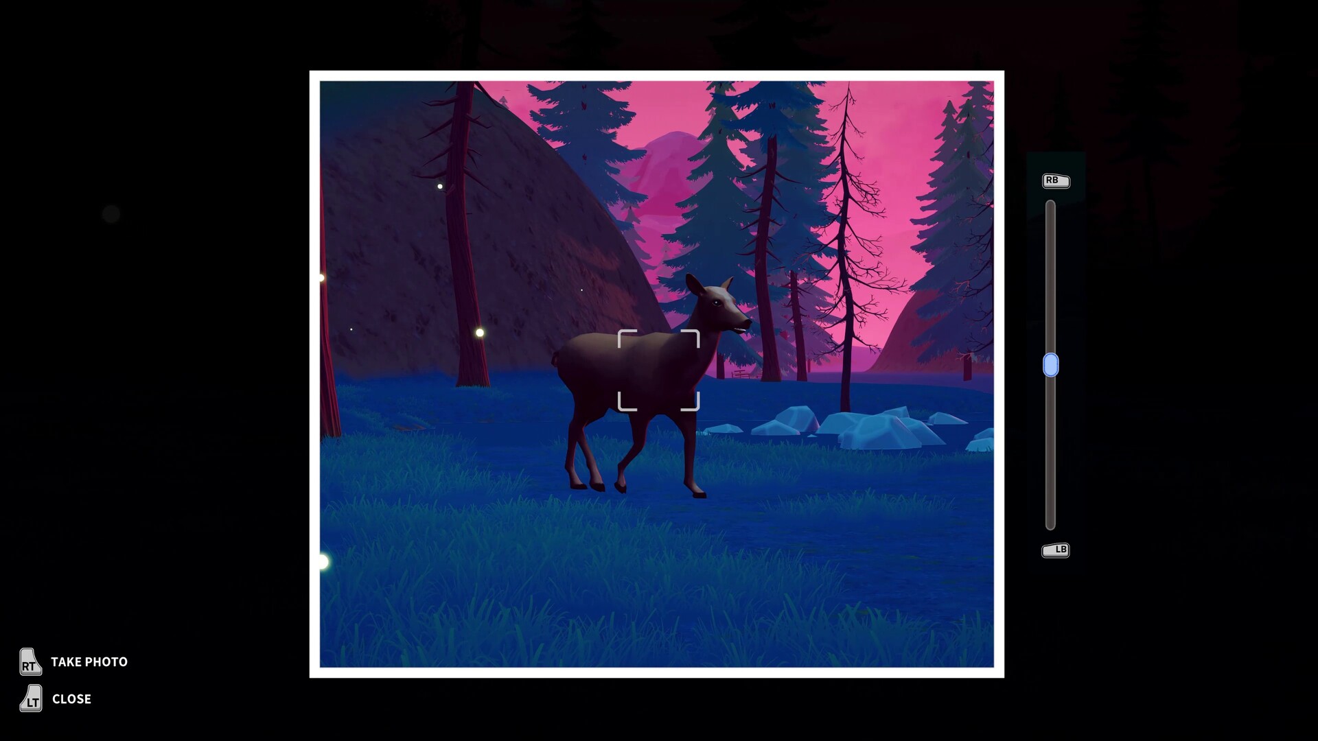 Under Canopies — photo mode framing a deer in a grassy dusk clearing lit by fireflies