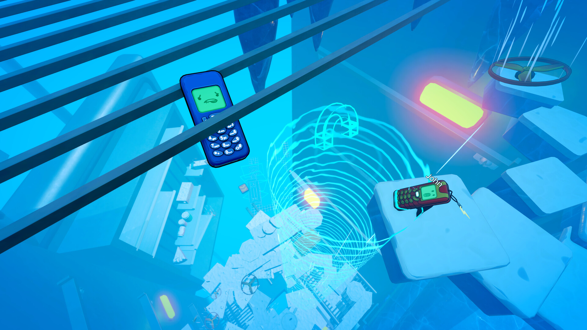 Flipping is Hard — Flippy drifting through a surreal blue digital space filled with floating debris and neon shapes
