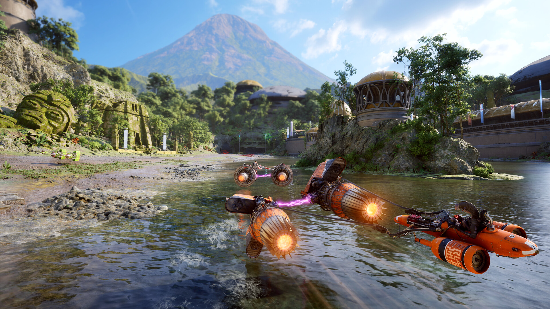 A speeder skims across swamp water with a volcano smoking on the horizon