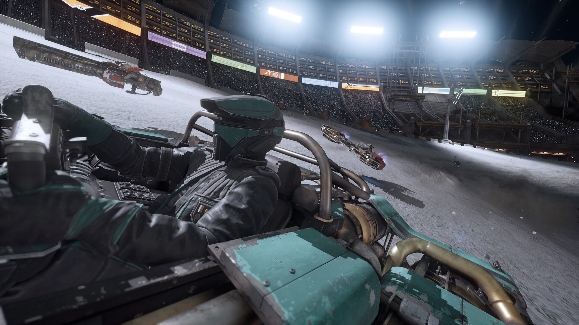 Cockpit view of a racer lined up inside a stadium packed with spectators