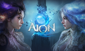 Official AION 2 key art with Elyos and Asmodian heroines facing off across the AION logo