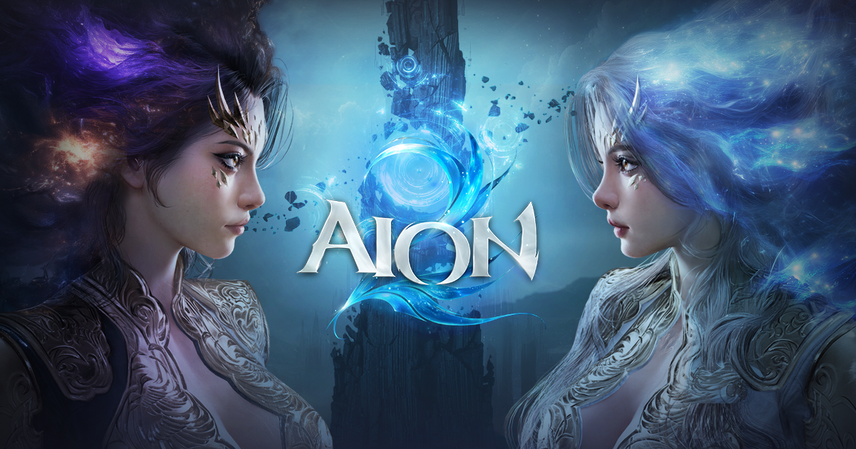 Official AION 2 key art with Elyos and Asmodian heroines facing off across the AION logo
