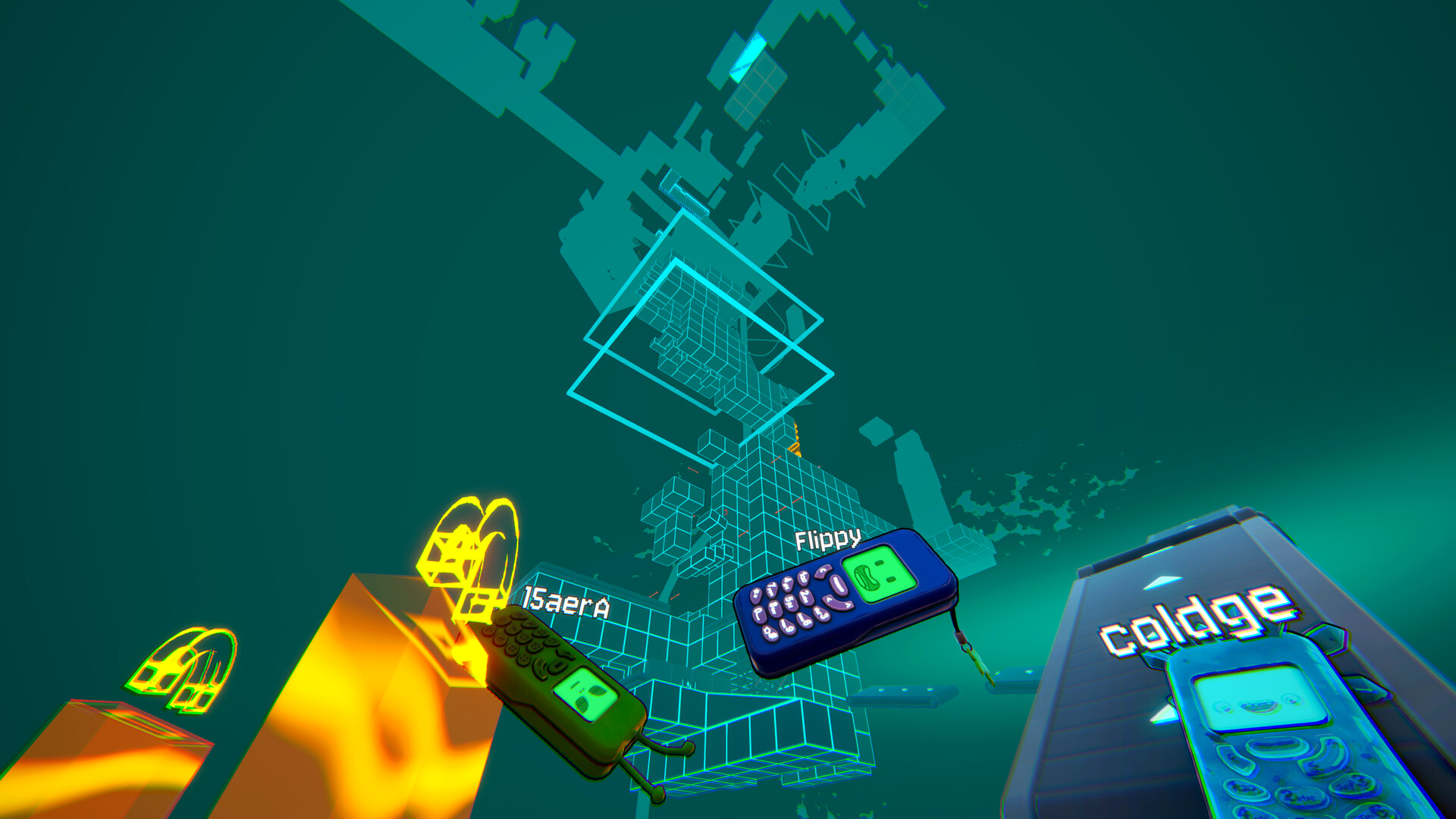 Flipping is Hard — Flippy navigating a neon wireframe digital world of glowing grids and structures