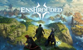 Enshrouded key art showing three adventurers overlooking the fantasy landscape of Embervale.