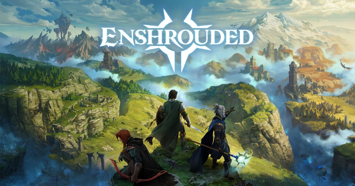 Enshrouded key art showing three adventurers overlooking the fantasy landscape of Embervale.